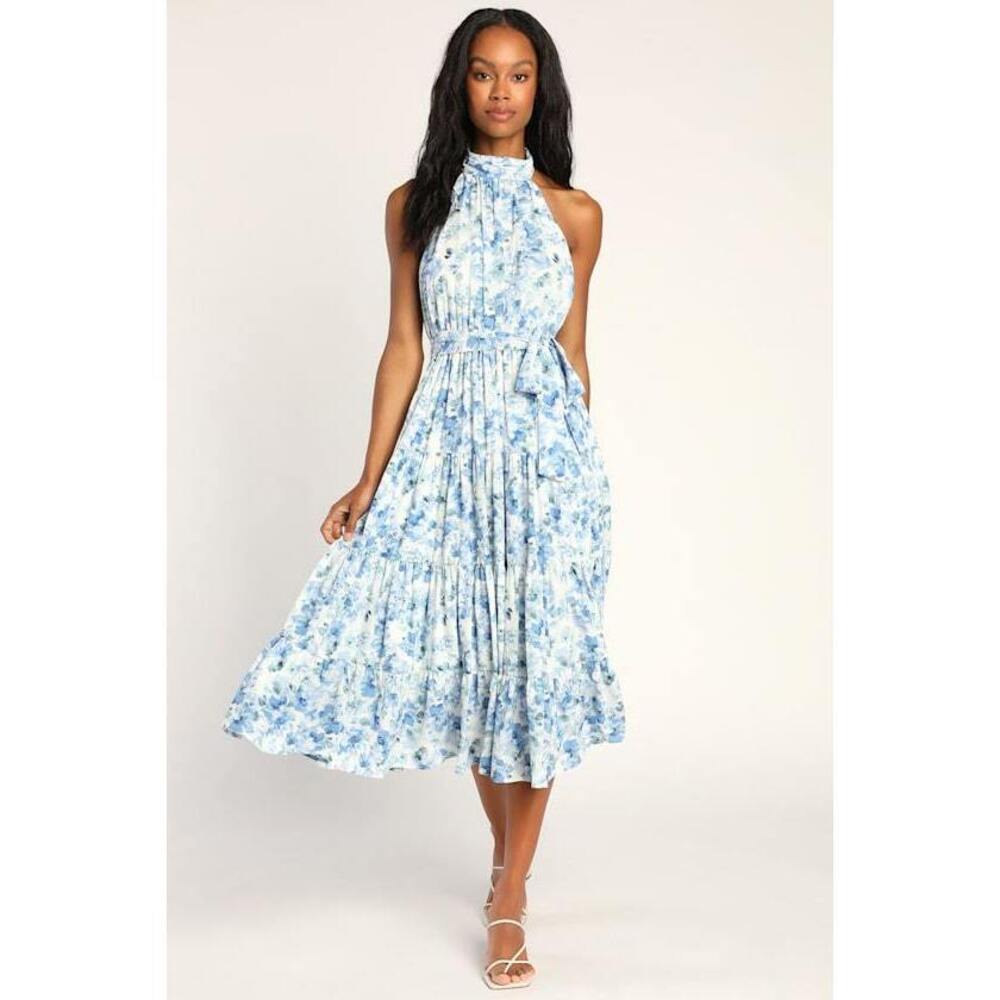 Lulus Breezing Through White Floral Print Tiered Halter Midi Dress - Size XS